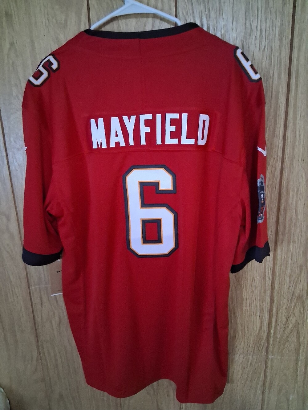 Sports Card With Baker Mayfield Tampa Bay Buccaneers Red Home Fuse XL Jersey